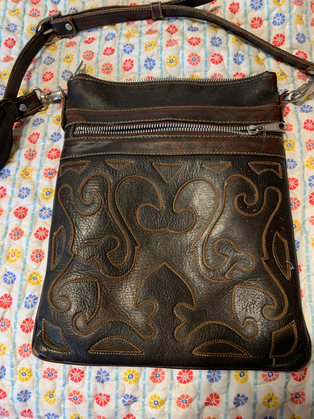 Leather Crossbody Bag with Decorative Stitching - Dark Brown - Picture 7 of 11